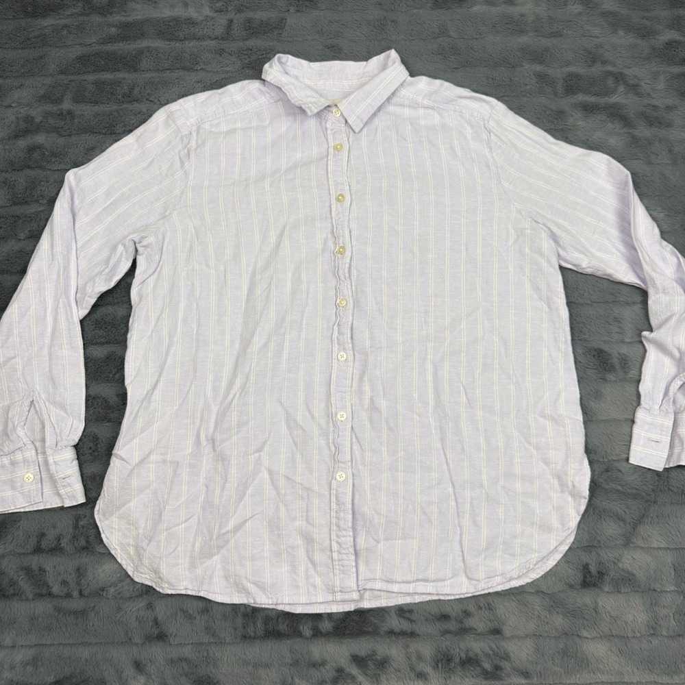 LOFT Women Purple White Striped Linen Blend Button Down Shirt Size M Long Sleeve